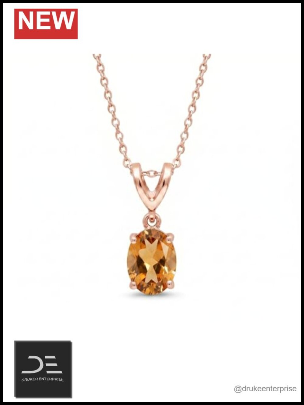 14K Rose Gold Plated 925 Sterling Silver Oval Citrine Pendant Necklace 18 Inch